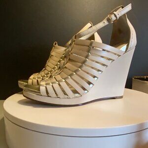 Cole Haan Nike Air Gold & Cream Leather Woven Wedge Sandals – Size 7B